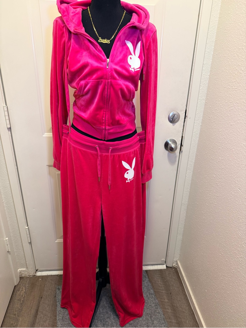 PLAYBOY Hot Pink Velour Zip Hoodie & Wide-Leg Joggers Set